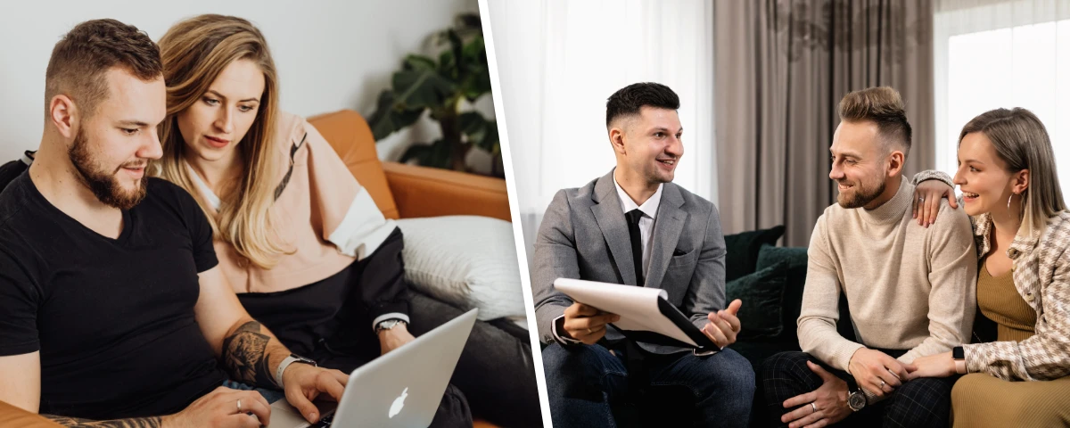 Split comparison image; on the left, a couple looks at home values on a laptop, and on the right, a couple consults with a professional Austin realtor for an accurate Comparative Market Analysis (CMA).
