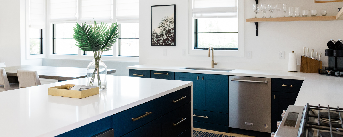 kitchen with blue cabinets