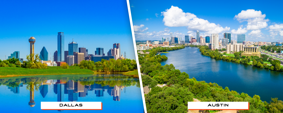 Austin skyline and Dallas skyline side by side comparing cost of living